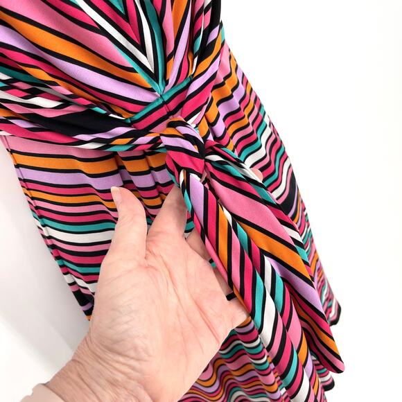 Betsey Johnson V-Neck Sleeveless Dress Sz 2 Pink Multi Striped Front Sash Zipper - Picture 3 of 9